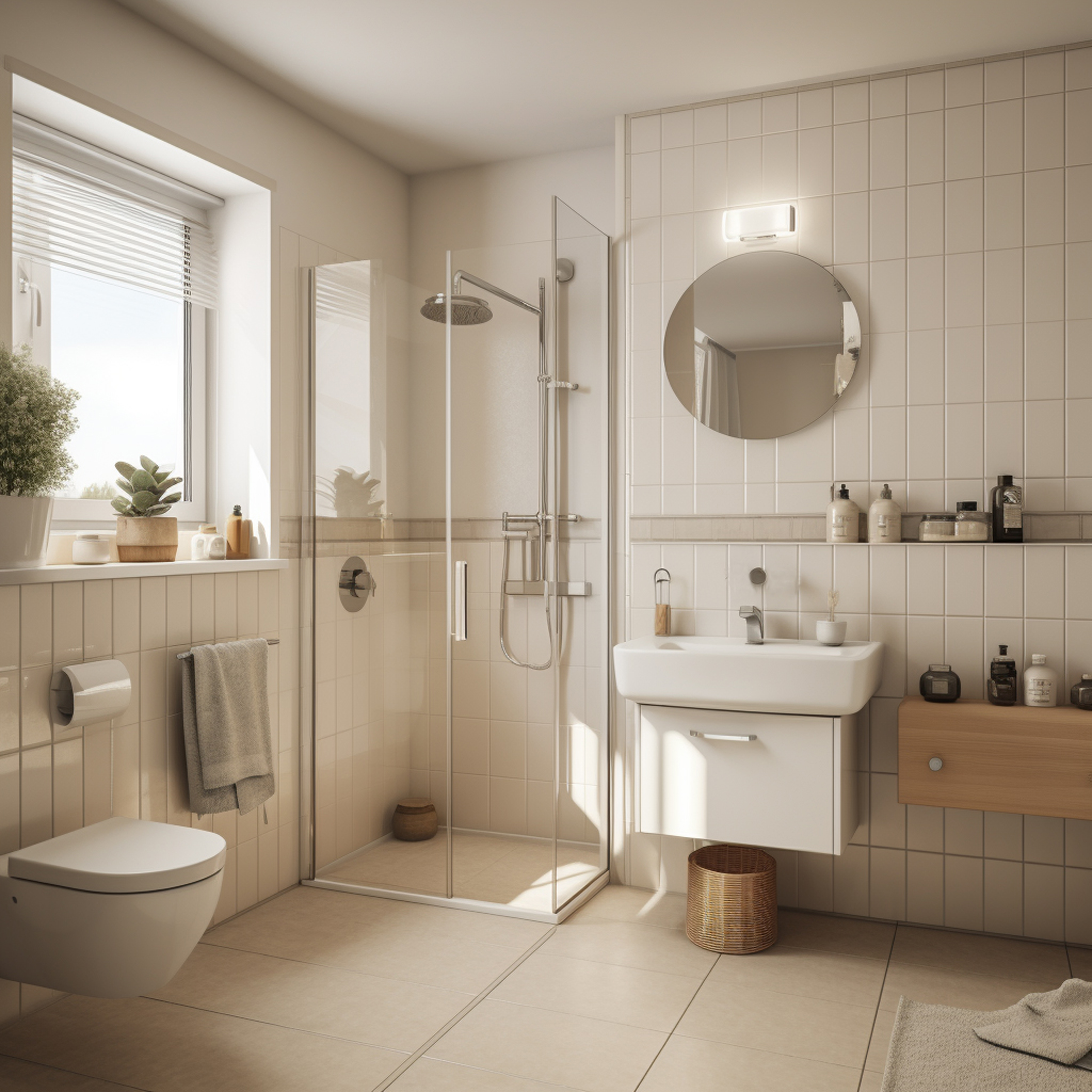 Small modern bathroom with stylish fixtures, sleek tile, and efficient space design.
